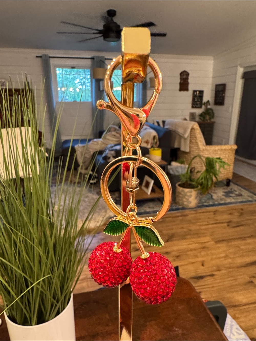 Gold Cherry Keychain with Red Crystal Cherries